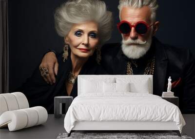 Elder stylish fashion couple studio photography portrait with sunglasses, modern lifestyle concept. Wall mural