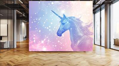 Fantasy rainbow background with unicorn silhouette with stars and sparkling particles, concept of dream, magic, miracle, princess, childhood, fairy tale creature illustration. Wall mural