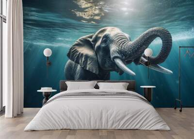 Funny elephant swimming under water in a summer pool, macro shot Wall mural