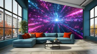 Futuristic abstract flight in retro neon hyper warp space in the tunnel blue and pink  background. Wall mural