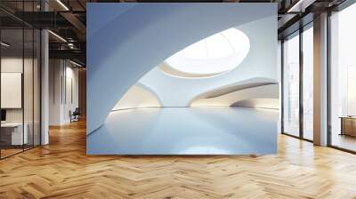 Futuristic empty museum displaying room with bright light cast the shadow on skylight, streamline white interior facade, abstract geometric design background. Wall mural