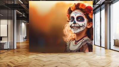 Girl with skull face paint and roses in hair celebrating Day of the Dead, wide banner, copyspace Wall mural