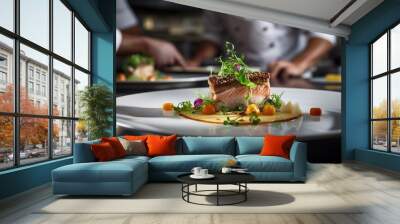 gourmet dish being prepared in a high-end restaurant kitchen Wall mural