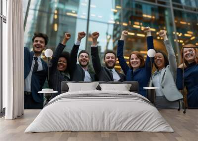 Group of diverse business people keeping with raised hands cheerfully smiling, outside the office buildings, celebration success. Wall mural