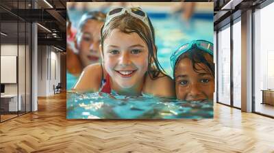 Group of happy kids learning swimming in indoor summer pool. Happy children kids group at swimming pool class learning to swim, happy summer vacation. Wall mural