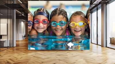 Group of happy kids learning swimming in indoor summer pool. Happy children kids group at swimming pool class learning to swim, happy summer vacation. Wall mural