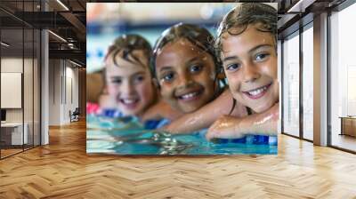 Group of happy kids learning swimming in indoor summer pool. Happy children kids group at swimming pool class learning to swim, happy summer vacation. Wall mural