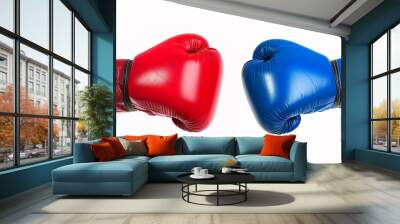 Hands of two men with blue and red boxing gloves bumped their fists isolated on white background, concept of fighting, competition, battle and conflict. Wall mural