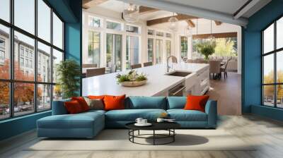 kitchen interior in beautiful new luxury home with kitchen island and wooden floor, bright modern mi Wall mural