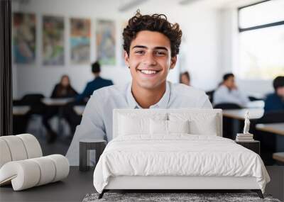 Latino male college student sitting a classroom smiling, student study in class, with copy space. Wall mural