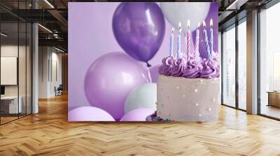 Lilac birthday party backgrounds, birthday cake with lighted candles, balloons aside, decorated celebration light purple background with copy space, for greeting cards, banners, and birthday wallpaper Wall mural