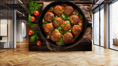 Meatballs served with tomato sauce in frying pan Wall mural