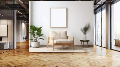 Mockup poster in the living room, the white sofa in bohemian style, empty frame on the wall of modern living room with copy space. Wall mural