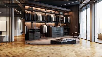 Modern dark wooden walk in wardrobe with clothes hanging on rail, 3d walk in closet interior design. Wall mural