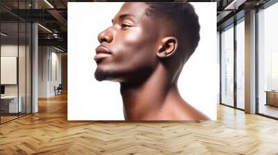 Portrait black man with flawless and glowing melanin skin isolated on white background, side view, Afro American male model, spa and clinic, beauty for men, male skin care  Wall mural