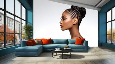 portrait of beautiful african american woman with curly long braids and bun, side portrait of attractive african woman with braids, isoalted on white background. Wall mural