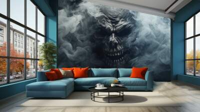 Scary ghost face coming out from dark smoky background, Halloween haunting scene, horror poster design concept. Wall mural