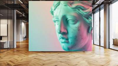 Sculpture of an abstract greek deity, done in the pastel gradient pink and green background colors, close up, copy space, Generative AI. Wall mural