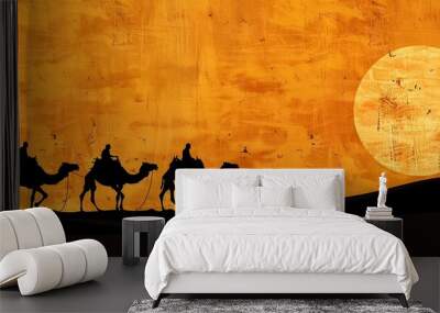 Silhouette of camel caravan in Sahara desert, Indian camel driver with camel silhouettes in sand dunes of Thar desert on sunset, concept of travel, adventure, Bethlehem, three Kings. Wall mural