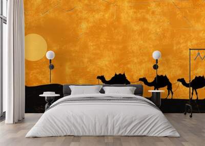 Silhouette of camel caravan in Sahara desert, Indian camel driver with camel silhouettes in sand dunes of Thar desert on sunset, concept of travel, adventure, Bethlehem, three Kings.
 Wall mural