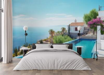 Traditional mediterranean white house with pool on hill with stunning sea view. Summer vacation background. extra wide. Wall mural