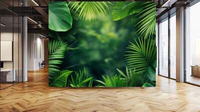 Tropical forest background, jungle background with border made of tropical leaves with empty space in center, copy space. Wall mural