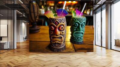 Tropical Tahiti drink in Tiki mask cups in a bar. Wall mural