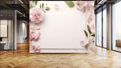 Wedding, birthday stationery mock-up scene. Blank paper greeting card, invitation. Decorative floral composition. Closeup of pink roses petals, peonies, hydrangea flowers and eucalyptus leaves.  Wall mural