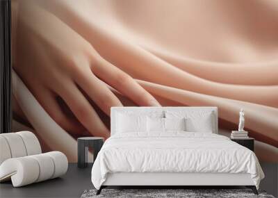 woman hand touching beige silky cashmere fabric closeup. Wall mural