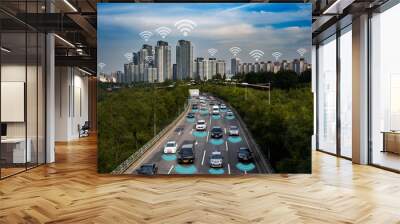 Smart car, Autonomous self-driving mode vehicle on metro city road IoT concept. Wall mural