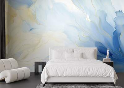 a painting of blue and yellow colors on a white background. Abstract Cerulean color Florals Wall mural