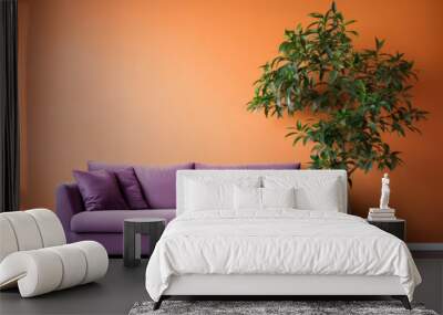 Empty orange Wall, Full of Potential: Modern purple Sofa and Stylish Decor Await Your Frames & Text - Minimalist Interior Living Room Design
 Wall mural