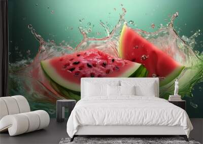 Vibrant abstract watermelon background featuring bold splashes of red, green, and black. The design mimics the juicy texture of watermelon with playful splashes of color, creating a dynamic and fresh  Wall mural