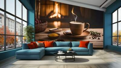 A cup of coffee with fireplace background. Wall mural