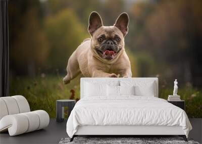 Flying French Bulldog in the grass with a beaming face. Purebred dog while running with stretched paws and laughing mouth. Close up Wall mural