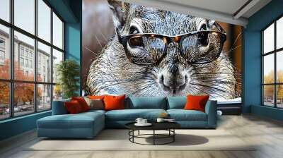 A curious squirrel wearing glasses and using a calculator while sitting at a desk indoors during the daytime Wall mural