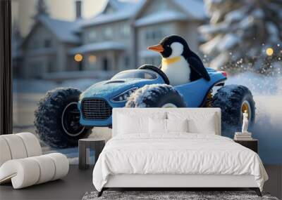 Penguin Driving A Cute BLue ATV In The Snow Next to a Nice House Mansion Wall mural