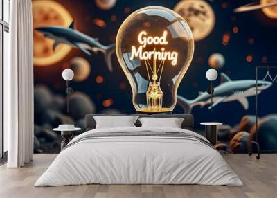 Sharks in space on the moon with a light bulb glowing filament spells out “Good Morning” 3d planets solar system graphic design  Wall mural