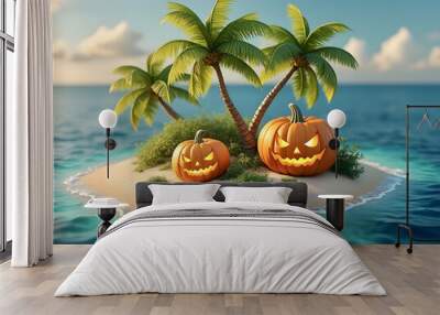 Small Island Pumpkins Jack O' Lanterns Palm Trees Halloween Sand Graphic Design Wall mural