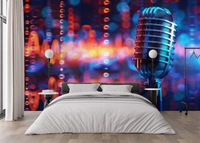  microphone with sound waves in the background on blue digital art style background Wall mural