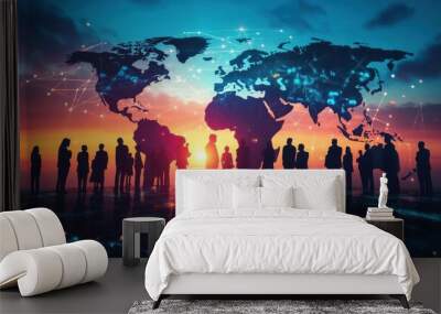 3D rendering of a world map with a global network and business people silhouettes connecting on a blue background, an online social media technology concept for internet communication. Wall mural