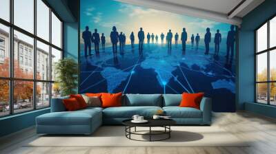 3D rendering of a world map with a global network and business people silhouettes connecting on a blue background, an online social media technology concept for internet communication. Wall mural