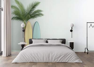 3D rendering of two surfboards and a palm tree on a white background. Wall mural