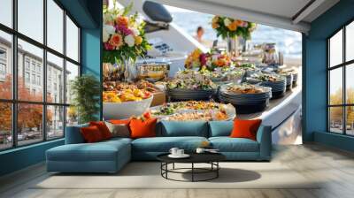 a luxury wedding party dining on a yacht. Wall mural