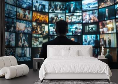 A man in a suit stands and watches television on a large screen wall with multiple screens, against a media news background. Wall mural