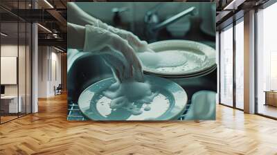 A woman washes dishes in the kitchen, her hands gently washing two plates with soap suds on them Wall mural