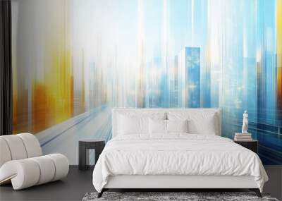 Abstract futuristic city background with light speed lines and blurred skyscrapers on a white background.  Wall mural