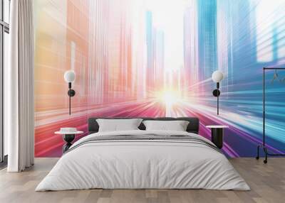 Abstract futuristic city background with light speed lines and blurred skyscrapers on a white background.  Wall mural