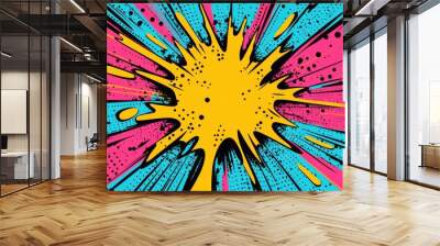 book background with explosion in pop art style, pink and blue colors, yellow center point of attention. Wall mural