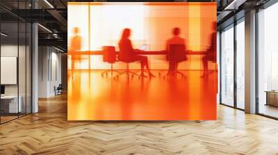 Business team in an office meeting, with blurred figures of people working together on digital marketing and business development, captured through the glass window. Wall mural